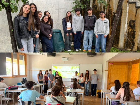 Alunos nas atividades práticas e na sessão de apresentação sobre Compostagem